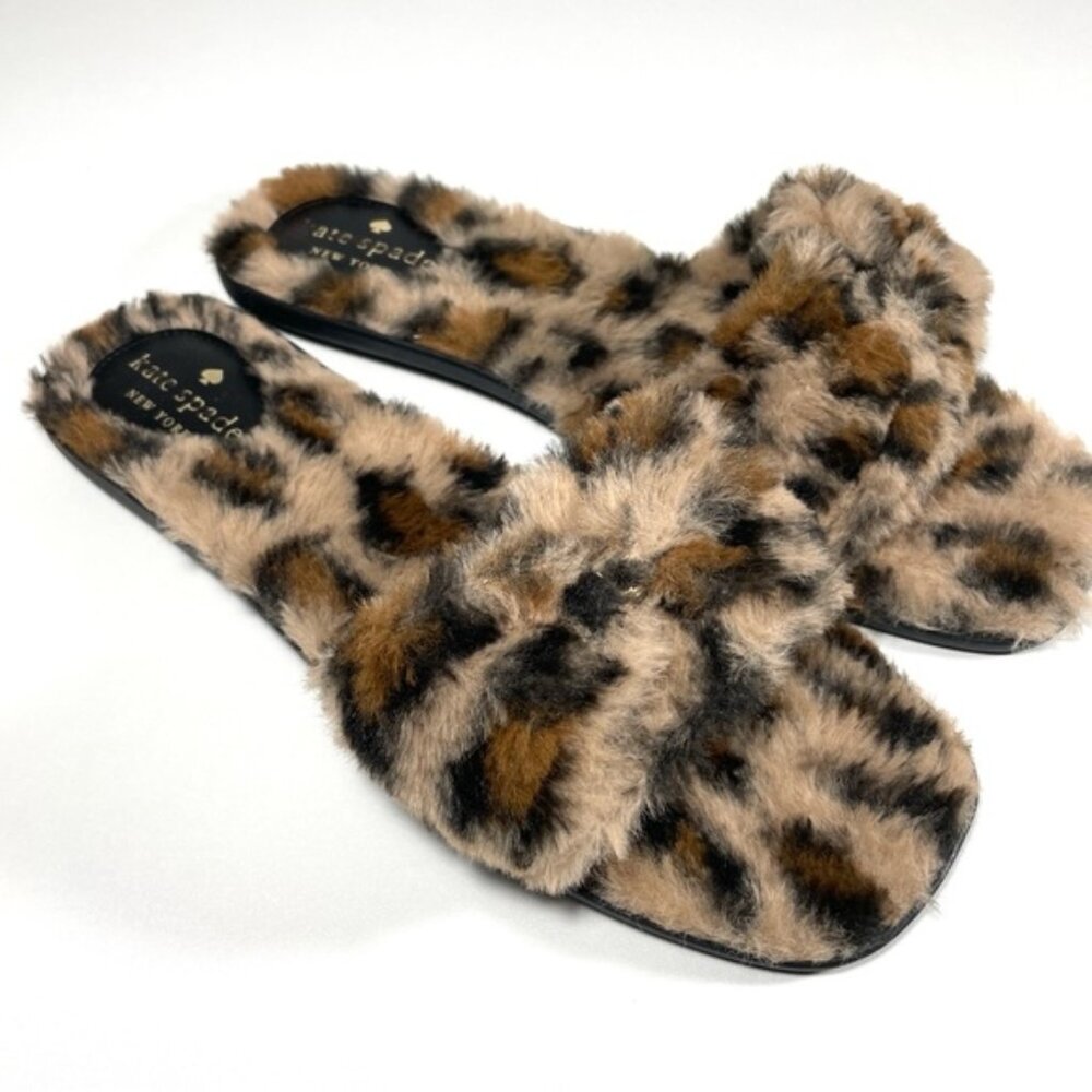 NEW Kate Spade Sandy Leopard Print Faux Fur Slippers Sandals Sz 10B